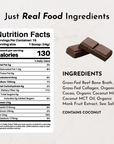 Nutrition facts and ingredients label for a product with chocolate pieces on a light gray background.
