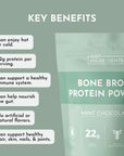 Just Ingredients Bone Broth Protein Powder package with key benefits listed on a green background