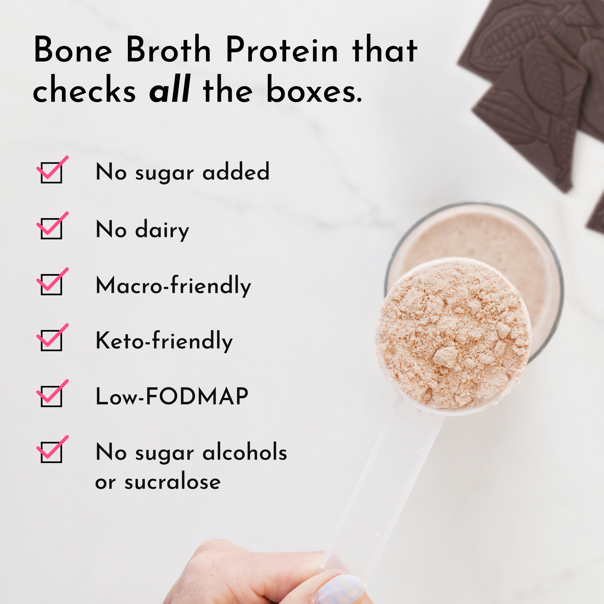 Glass of bone broth protein with a list of benefits on a white background