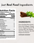 Nutrition facts label and ingredients list for a product with a scoop of chocolate and mint on a light background.