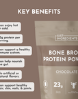 Just Ingredients Bone Broth Protein Powder packaging with key benefits listed.