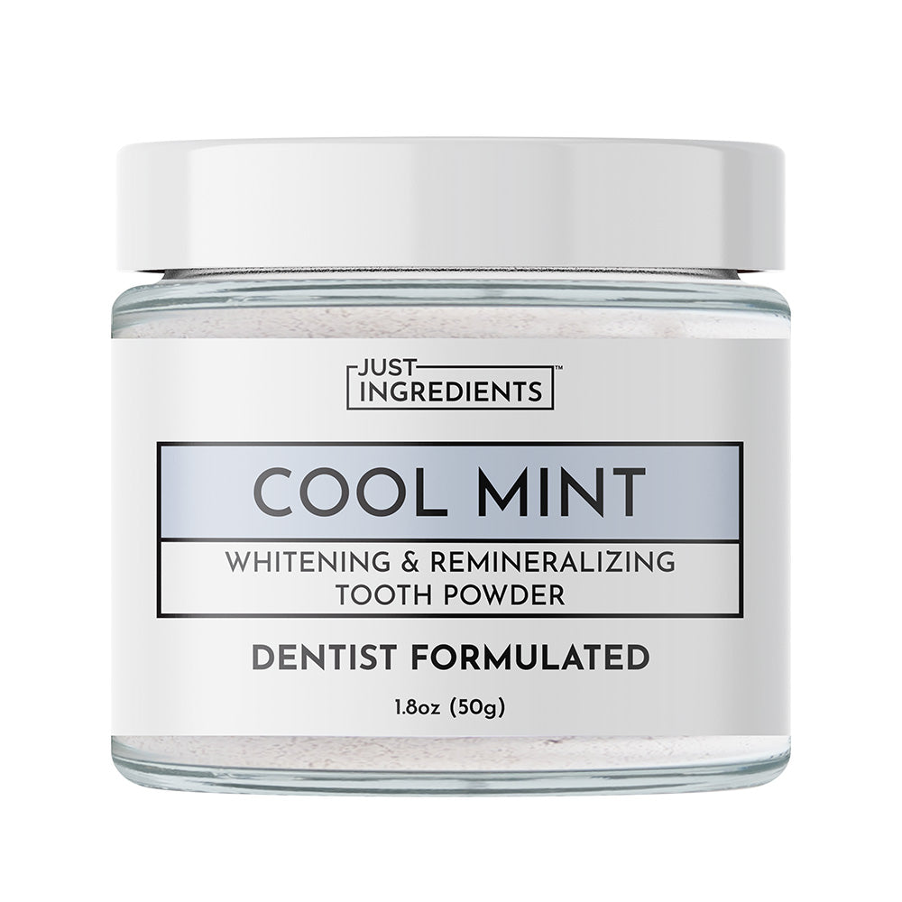 Jar of Just Ingredients Cool Mint Whitening & Remineralizing Tooth Powder on a white background