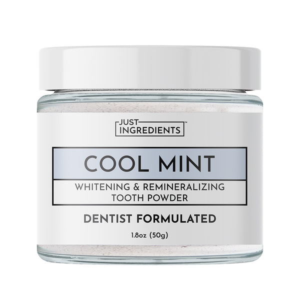 Jar of Just Ingredients Cool Mint Whitening & Remineralizing Tooth Powder on a white background